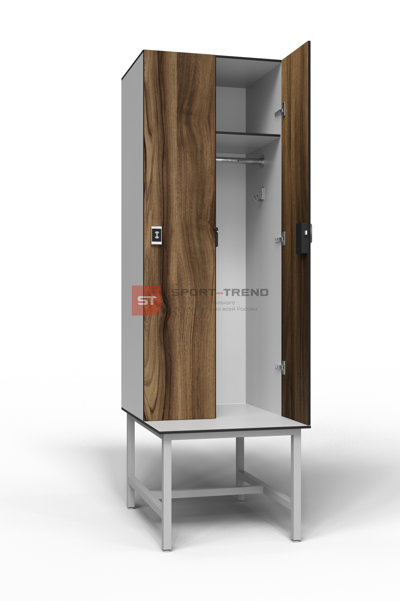 Сдвоенный шкаф для раздевалки 2 секции на скамье