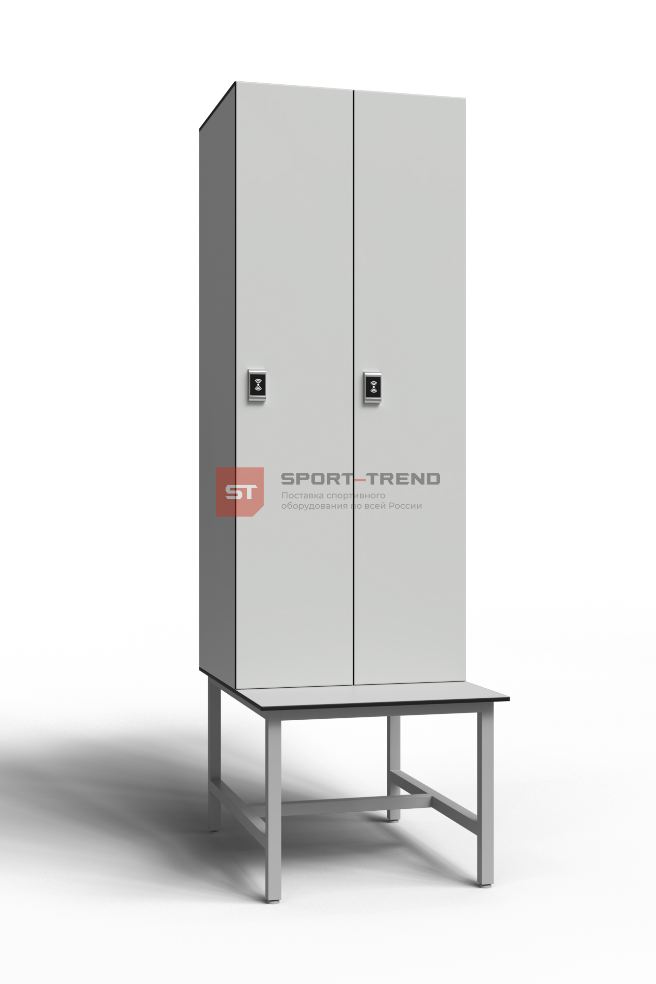 Сдвоенный шкаф для раздевалки 2 секции на скамье