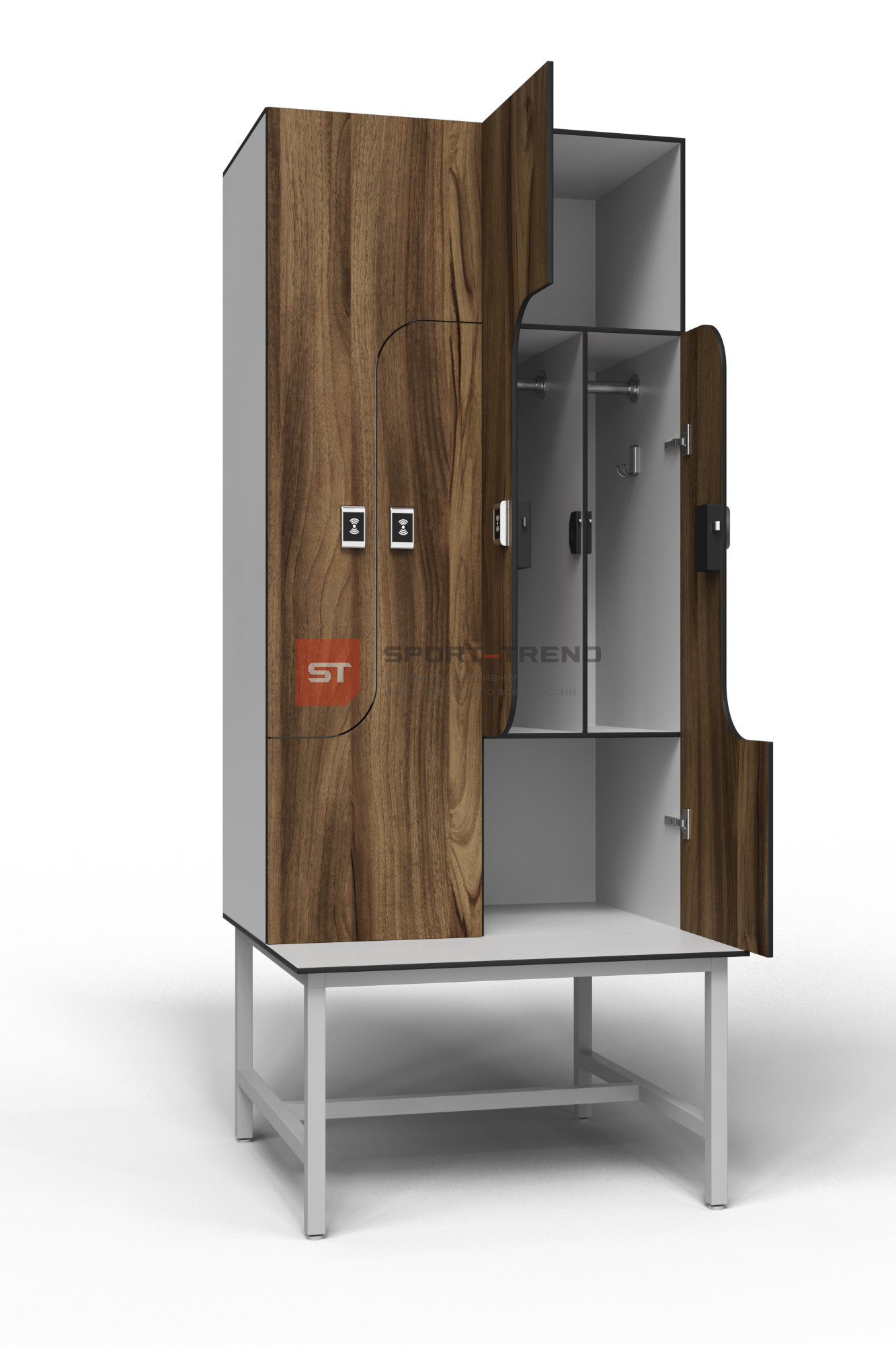 Сдвоенный шкаф для раздевалки Z-образный на скамье