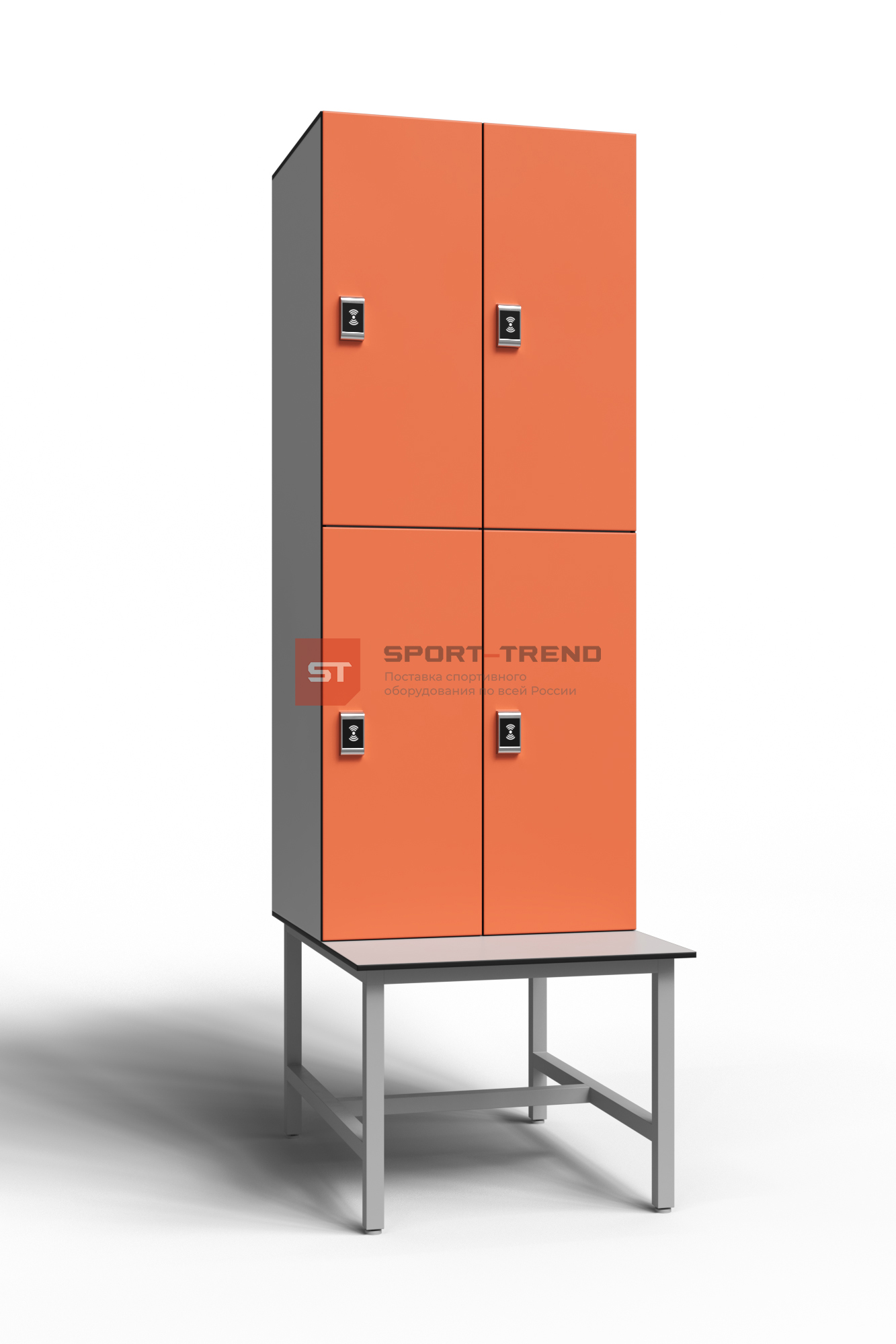 Сдвоенный шкаф для раздевалки 4 секции на скамье