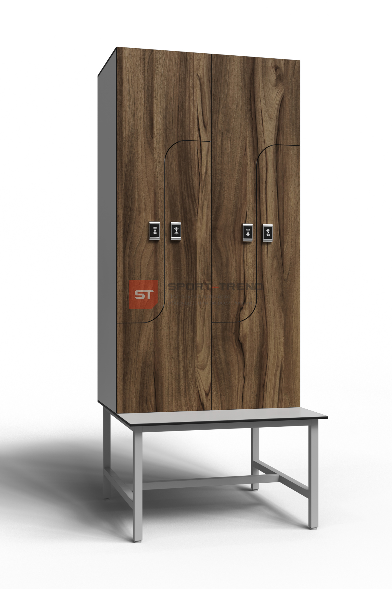 Сдвоенный шкаф для раздевалки Z-образный на скамье