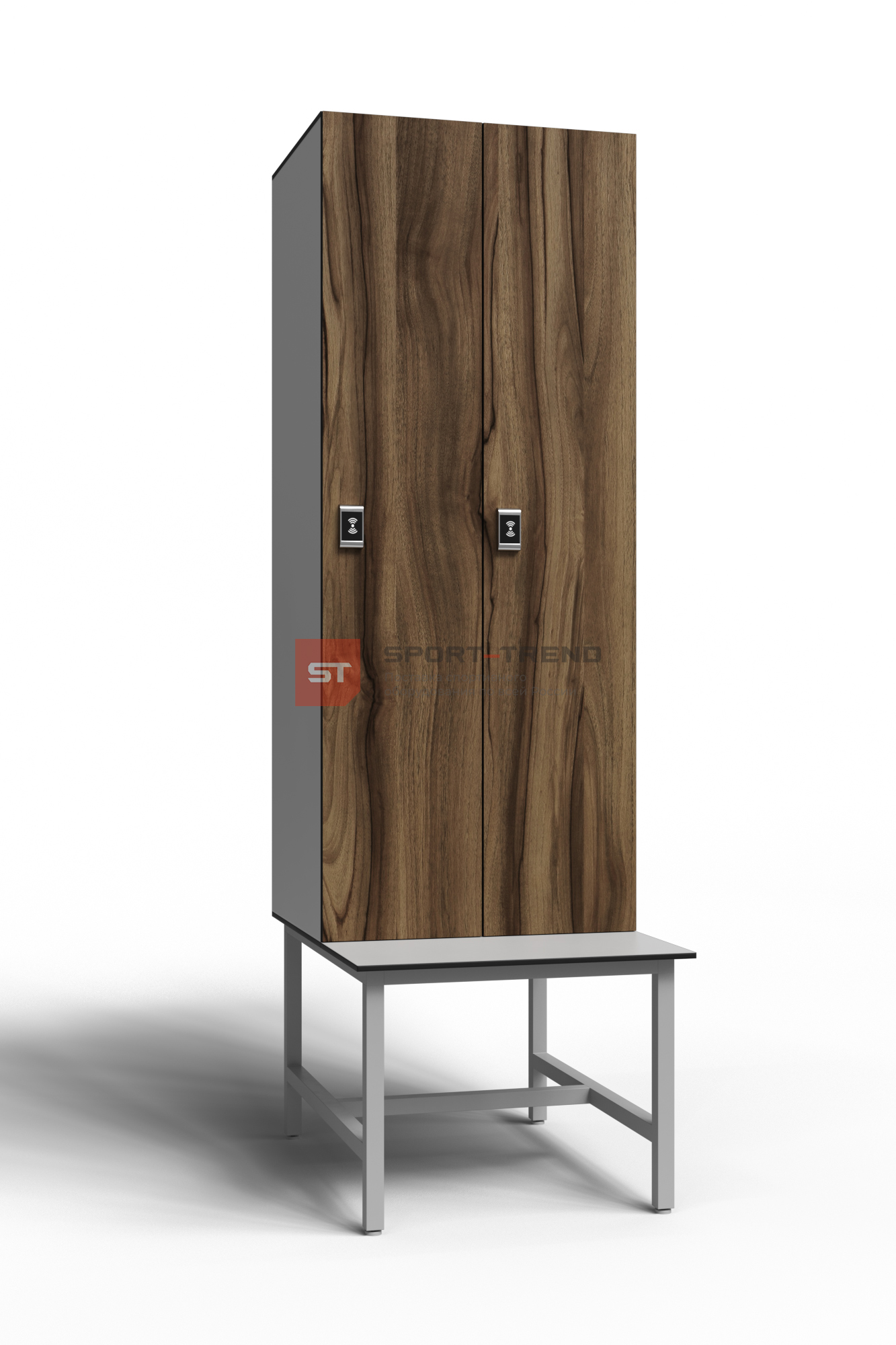 Сдвоенный шкаф для раздевалки 2 секции на скамье