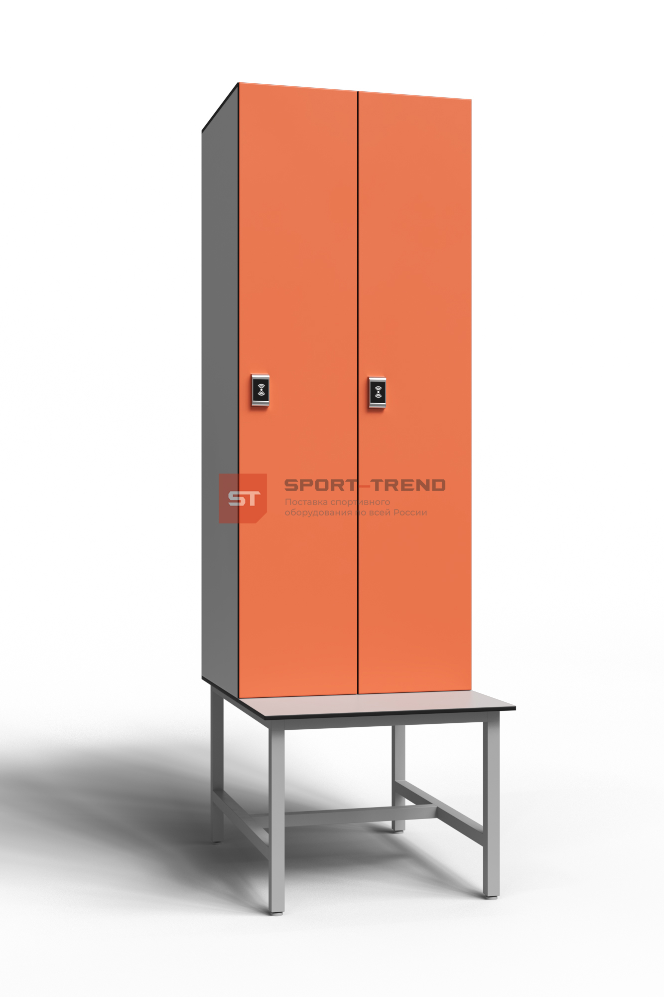 Сдвоенный шкаф для раздевалки 2 секции на скамье