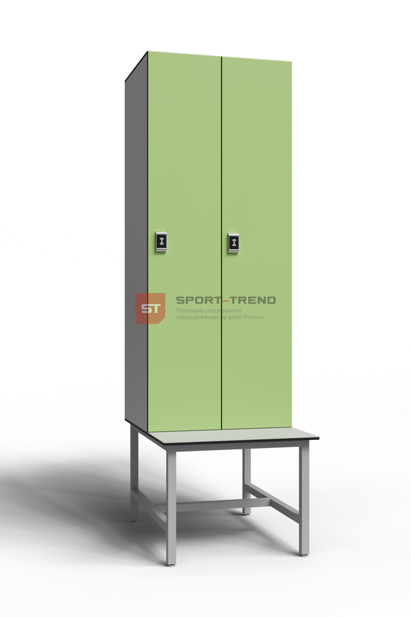 Сдвоенный шкаф для раздевалки 2 секции на скамье