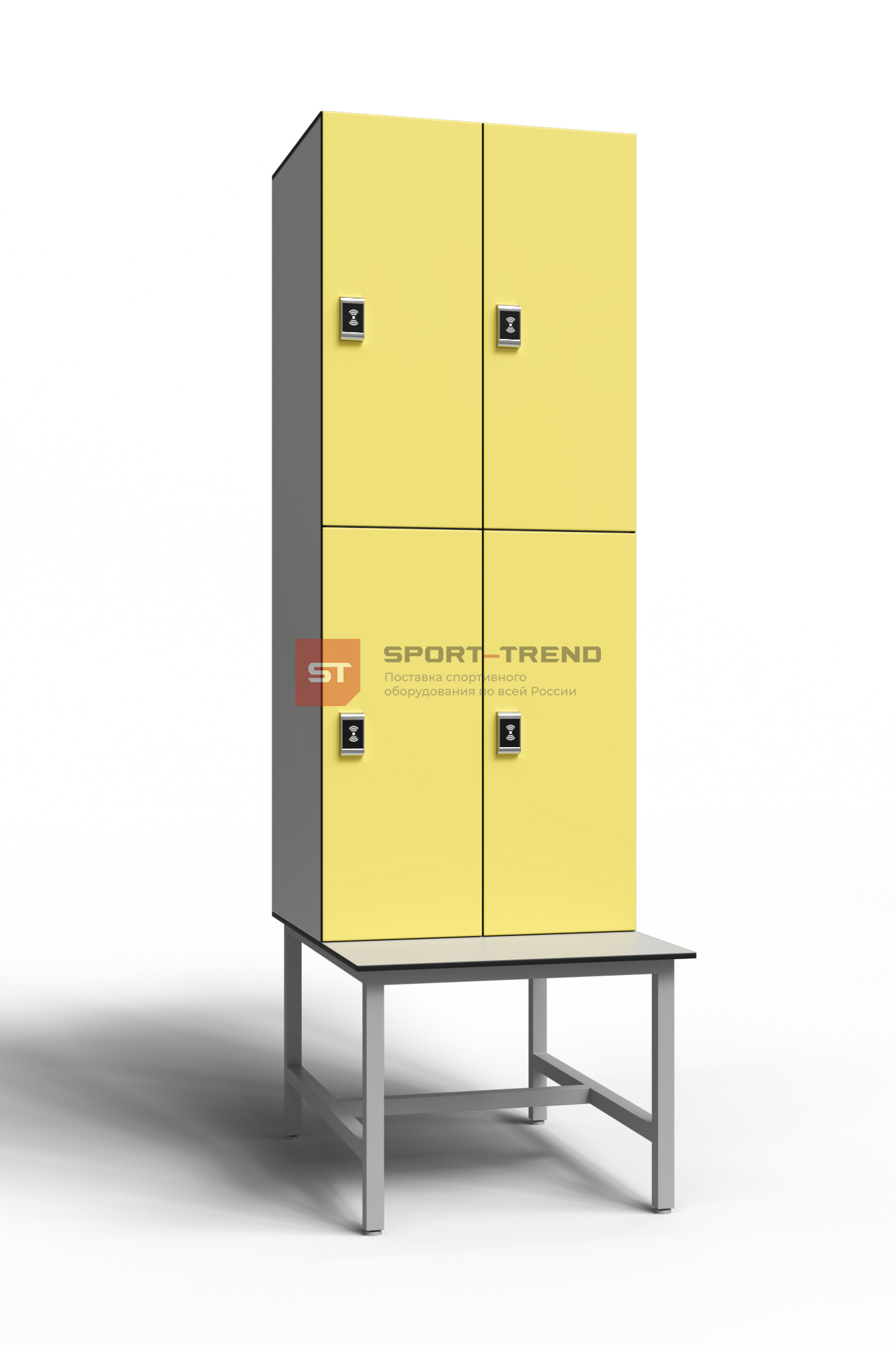 Сдвоенный шкаф для раздевалки 4 секции на скамье