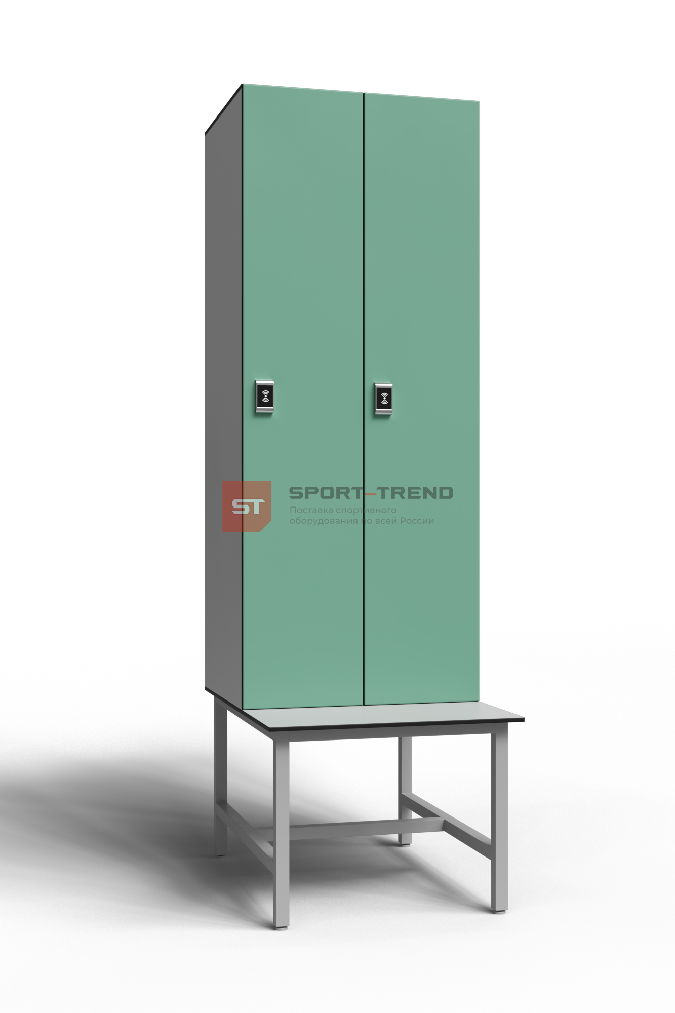 Сдвоенный шкаф для раздевалки 2 секции на скамье