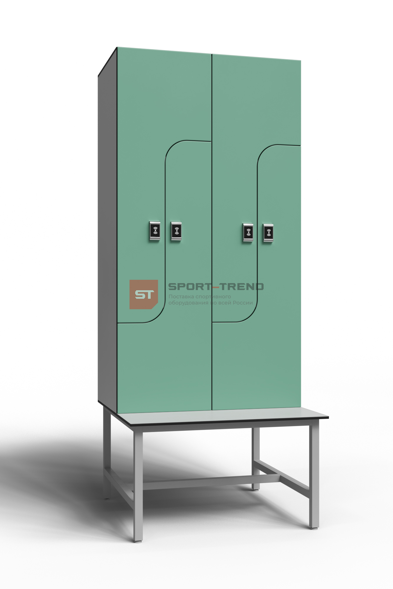 Сдвоенный шкаф для раздевалки Z-образный на скамье