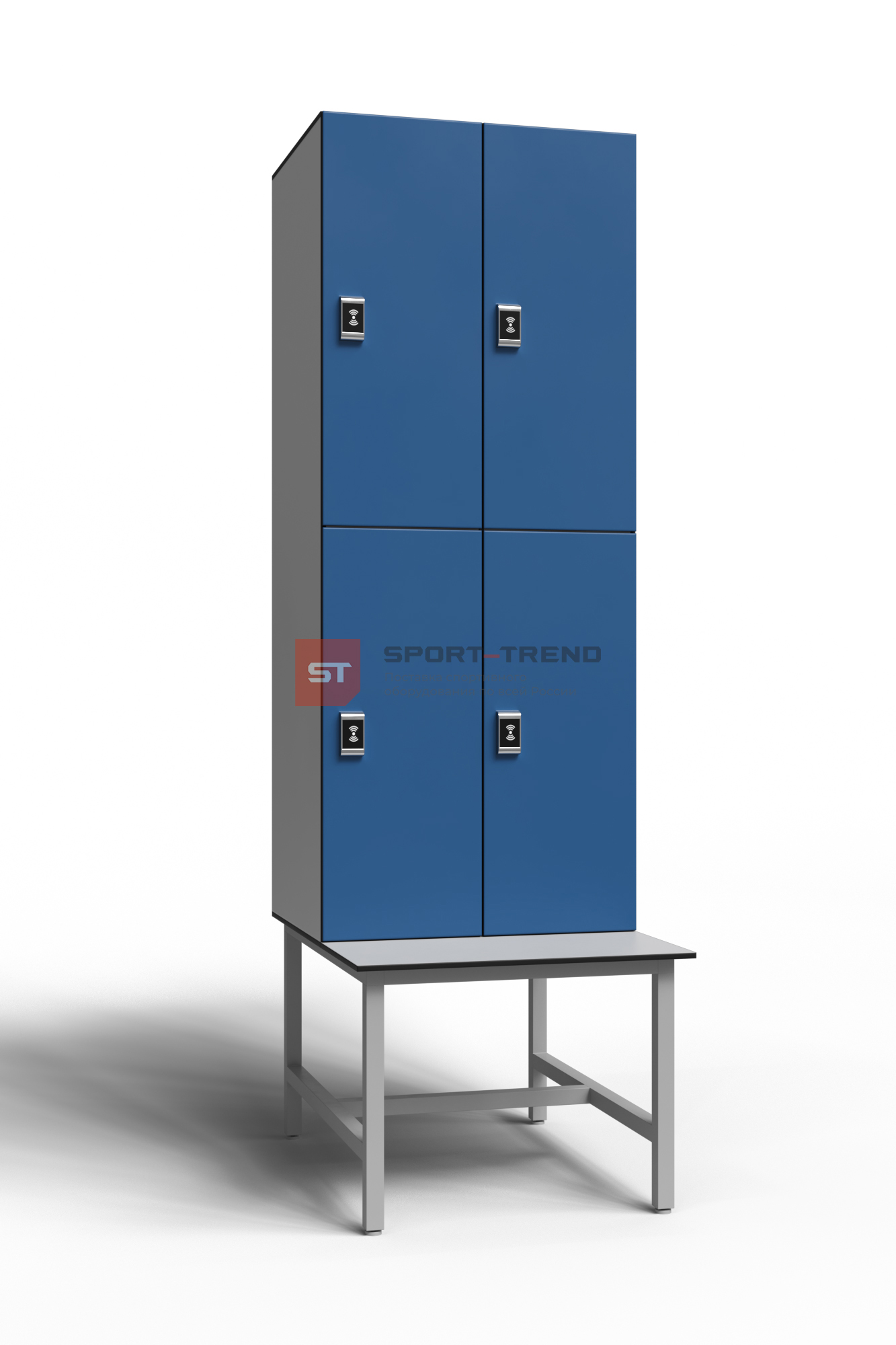 Сдвоенный шкаф для раздевалки 4 секции на скамье