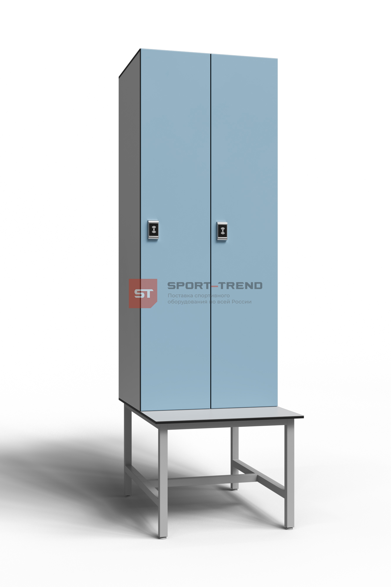 Сдвоенный шкаф для раздевалки 2 секции на скамье