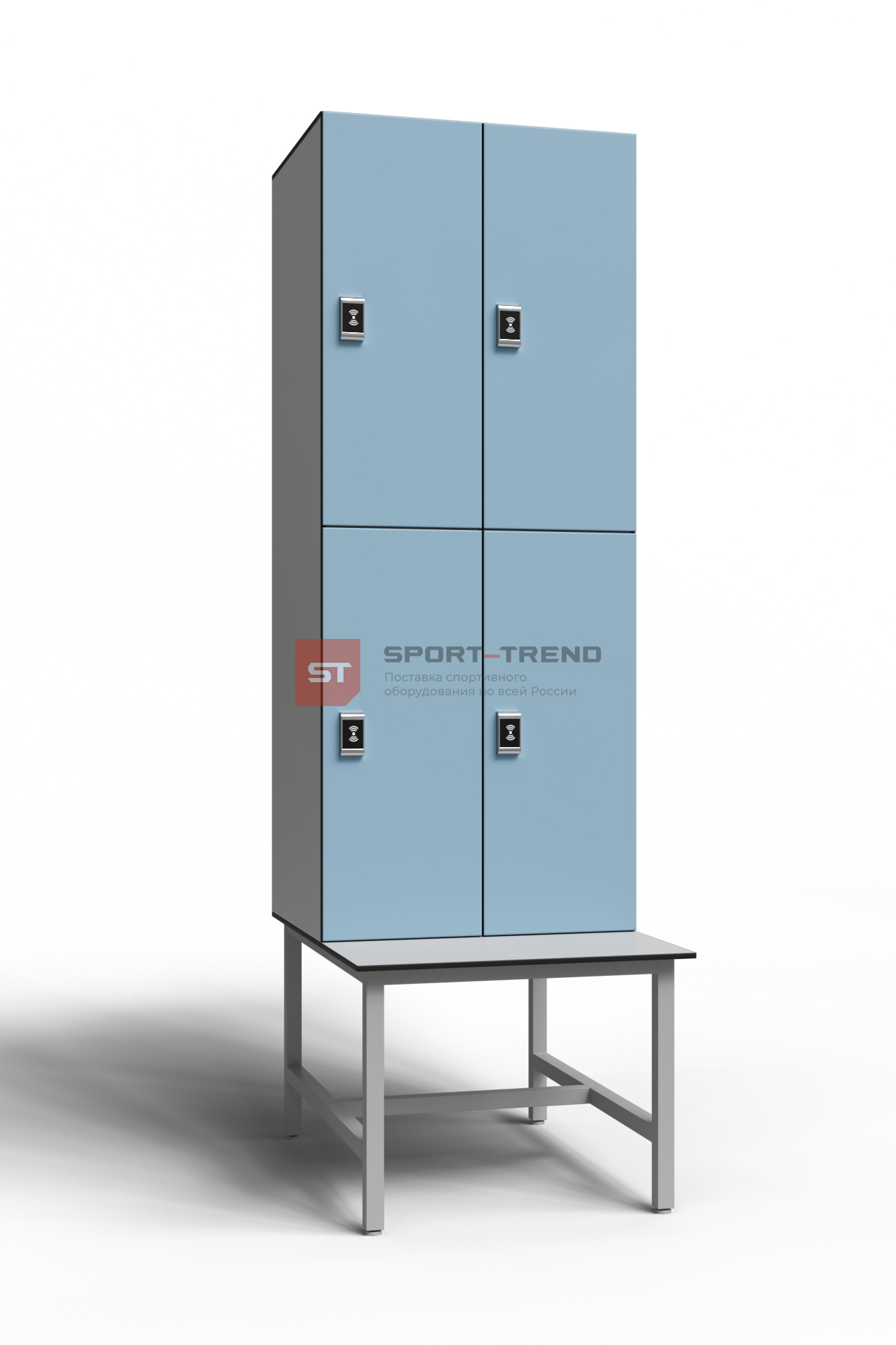 Сдвоенный шкаф для раздевалки 4 секции на скамье