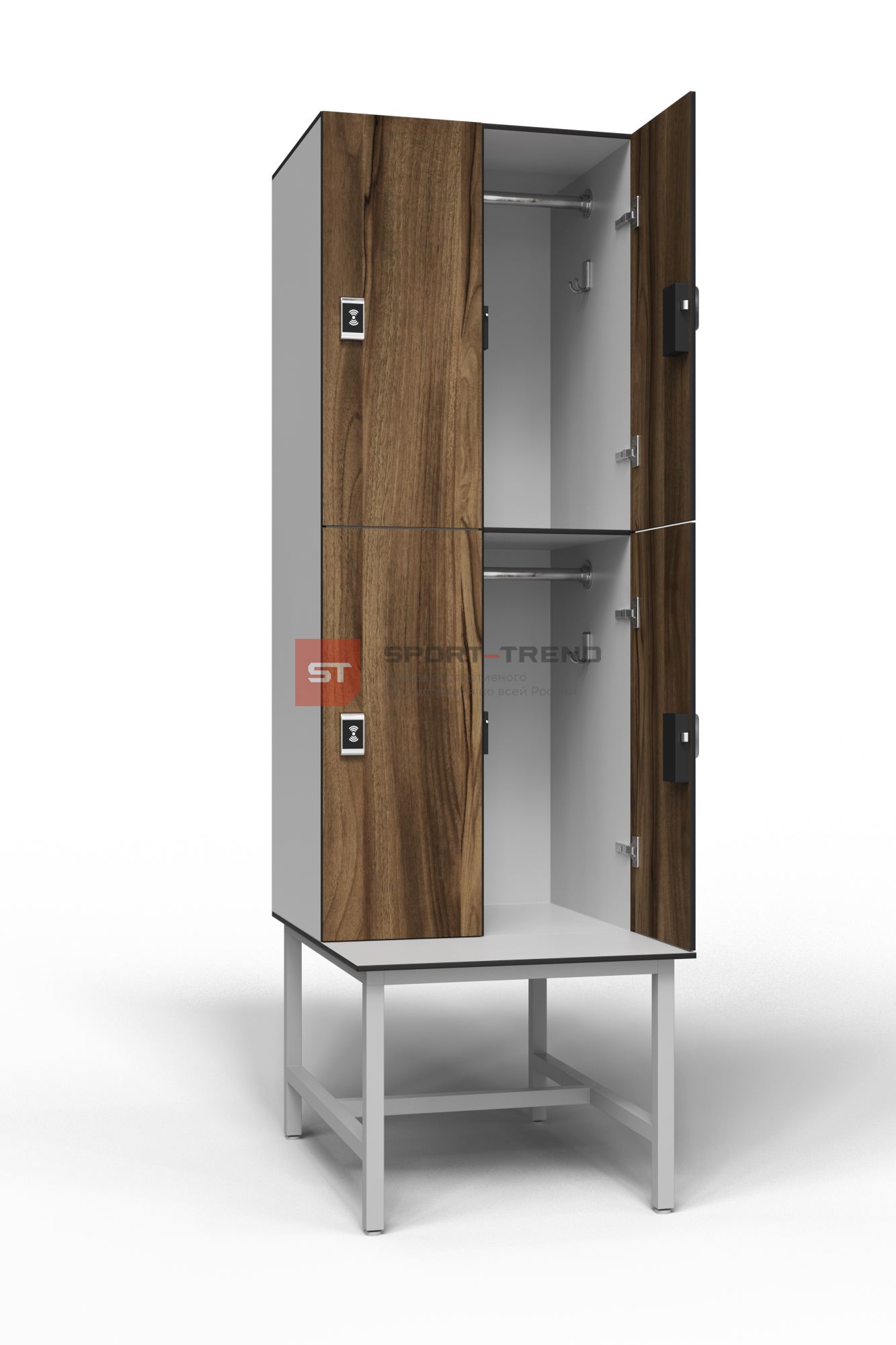 Сдвоенный шкаф для раздевалки 4 секции на скамье