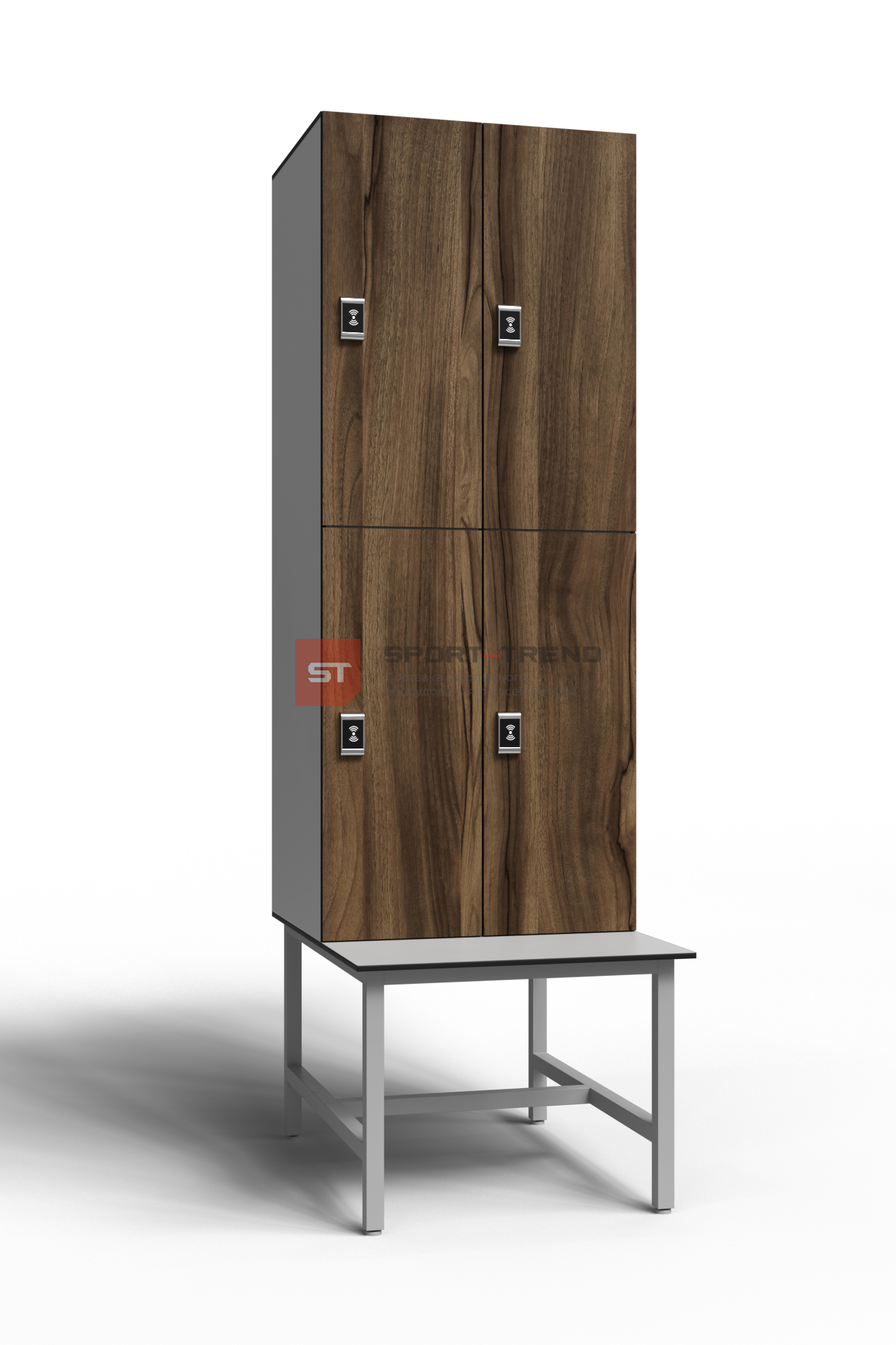 Сдвоенный шкаф для раздевалки 4 секции на скамье