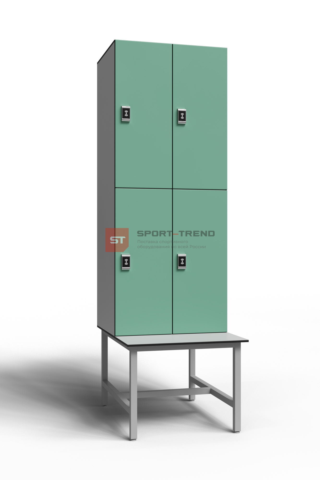 Сдвоенный шкаф для раздевалки 4 секции на скамье