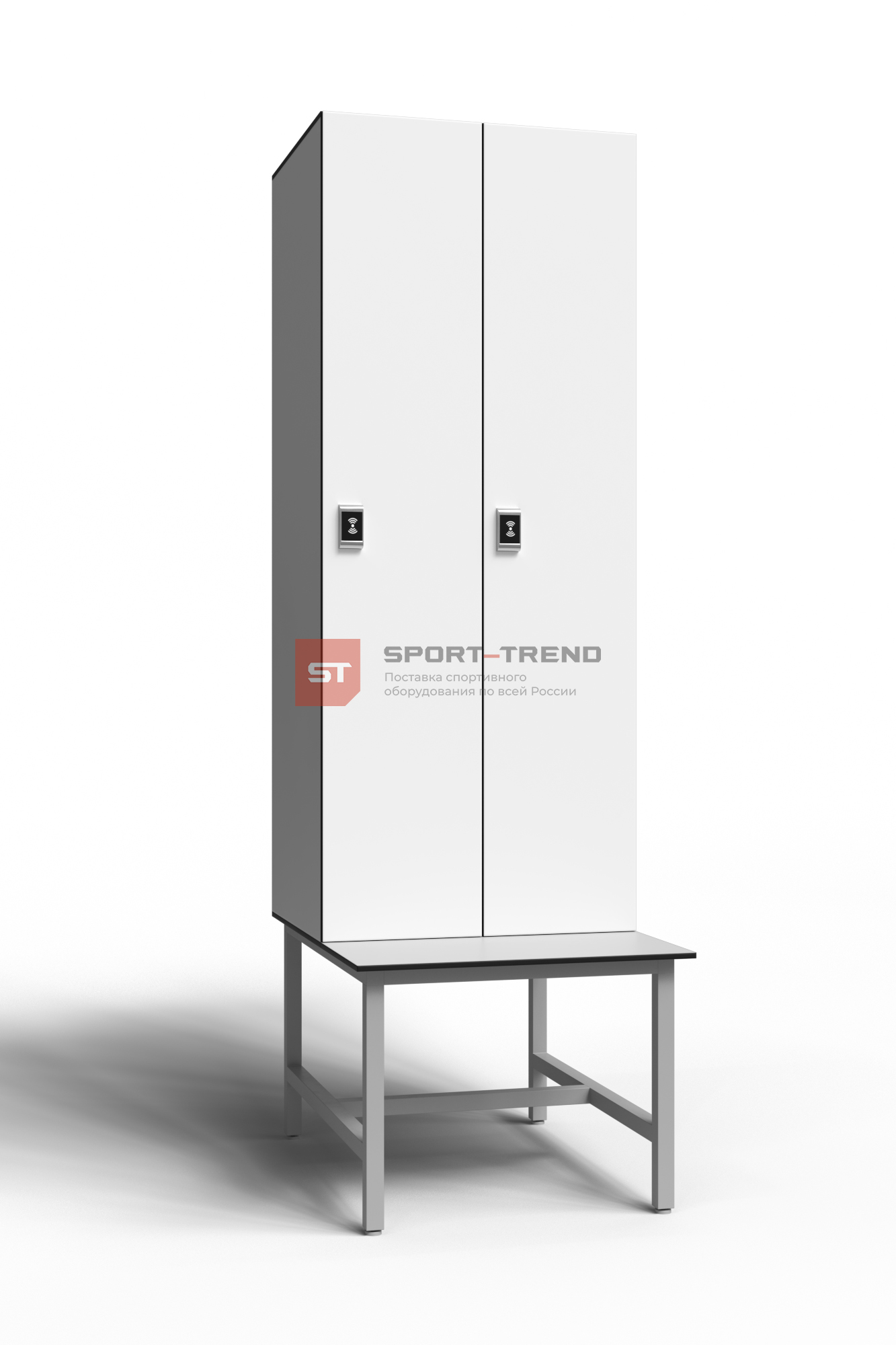 Сдвоенный шкаф для раздевалки 2 секции на скамье